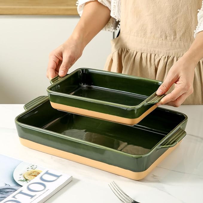 Ceramic Baking Casserole Dish with Handles, Large 9x13 inch Pan and Middle Baking Pan - Porcelain