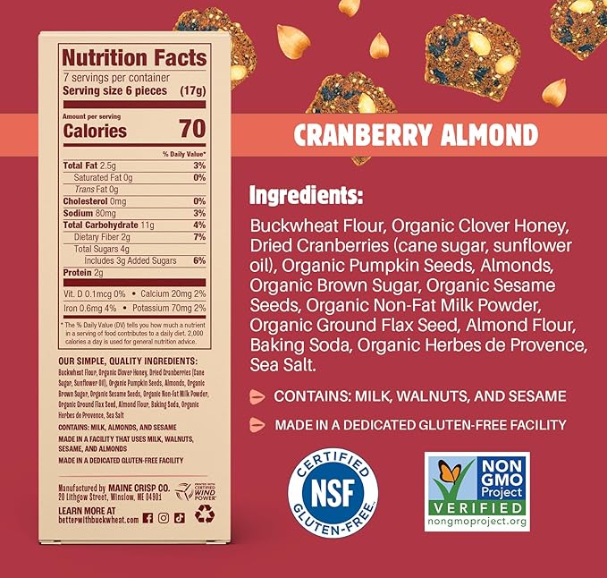 Maine Crisp Cranberry Almond Crisps, 4 Pack - Snack Crackers, Grain Free, Non-Gmo - Sweet & Savory