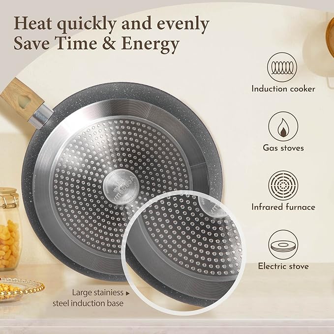 Kitchen Academy Induction Cookware Sets - 12 Piece Gray Cooking Pan Set, Granite Nonstick Pots and