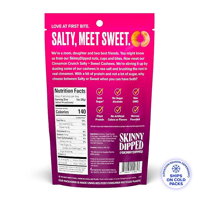 SkinnyDipped Salty + Sweet Cinnamon Crunch Cashew, Healthy Snack, Plant Protein, Gluten Free, 4 oz