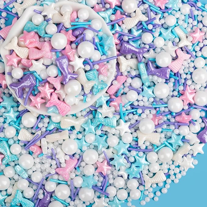 Mermaid Sprinkles,Edible Sugar Pearl Stars Jimmies Mix,130g/4.58oz,Pearl Candy Ocean Sprinkle for
