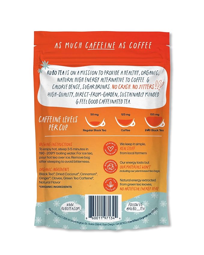 Kubo Tea, Coconut Chai Black Tea, Organic High Caffeine Blend, 20 Servings (155mg Caffeine each)
