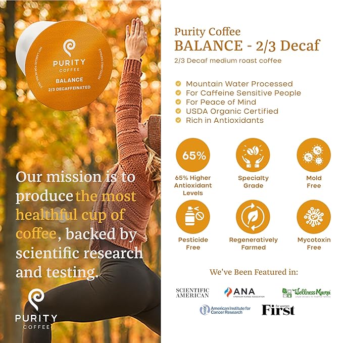 Purity Coffee BALANCE 2/3 Decaf Medium Roast Coffee Single-Serve K Pods (12ct Cups)