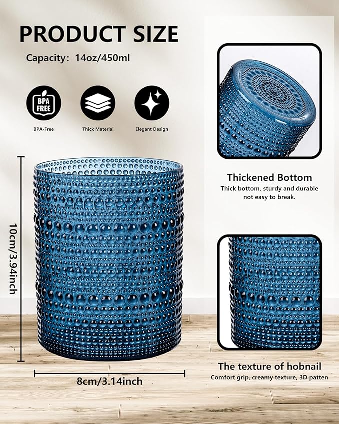 YOUBET 24PCS Plastic Drinking Glasses - 14OZ Blue Hobnail Drinkware Glasses - Vintage Glassware