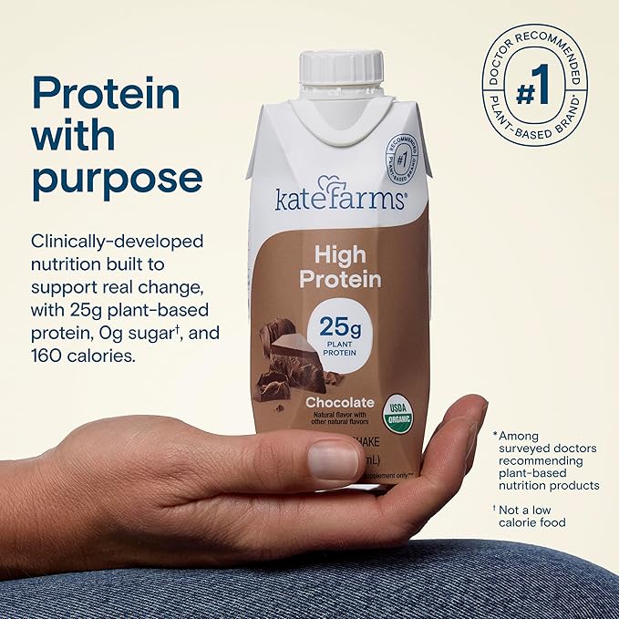 KATE FARMS Organic High Protein Chocolate Nutrition Shake, 25g Protein, 6g Fiber, 27 Vitamins and