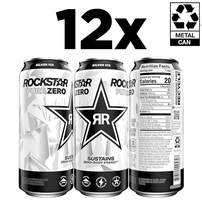 Rockstar Pure Zero Energy Drink, Silver Ice, 0 Sugar, with Caffeine and Taurine, 16oz Cans (Pack of