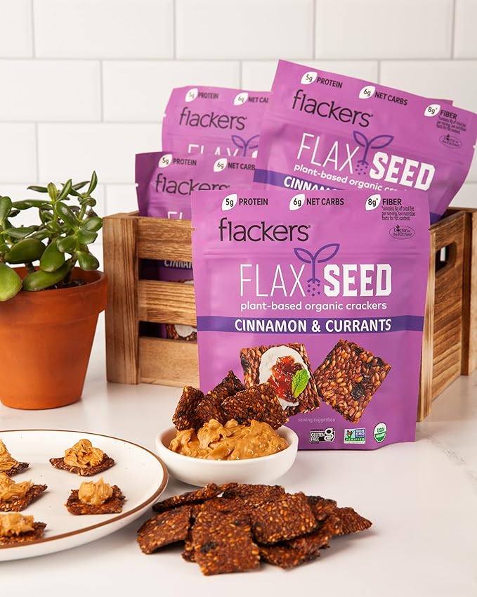 Flackers Organic Flax Seed Crackers Cinnamon & Currants, 5 Ounce 4-Pack, Gluten Free, Non GMO