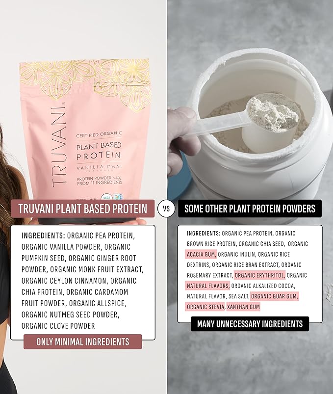 Truvani Vegan Pea Protein Powder | Vanilla Chai | 20g Organic Plant Based Protein | 20 Servings |