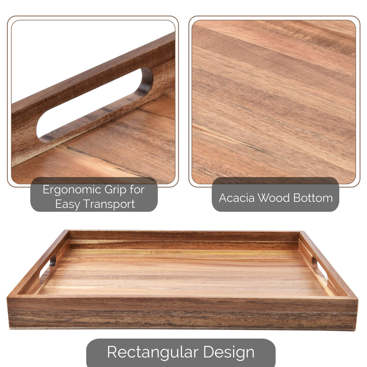 Acacia Wood Serving Tray with Handles (17 Inches) – Decorative Serving Trays Platter for Breakfast