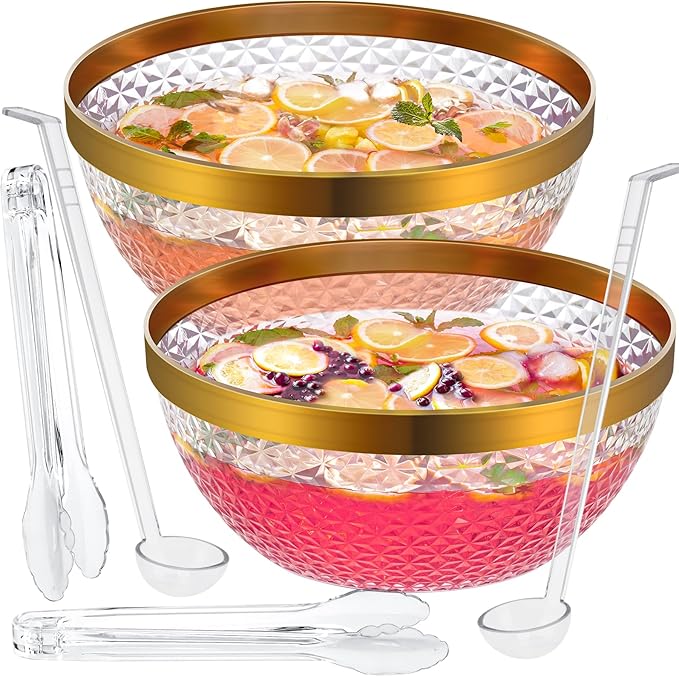NiHome Gold Trim Clear Plastic Punch Bowl with Ladle and Tong for Parties, Weddings, BBQs, 1.4