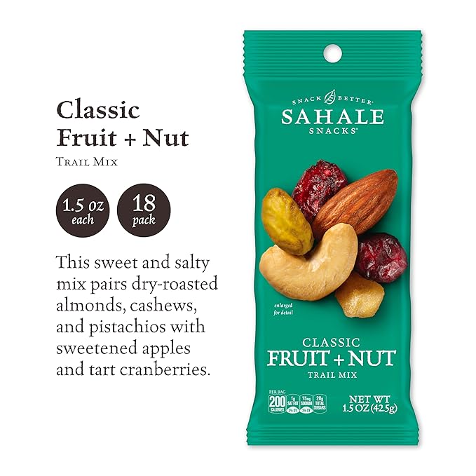 Sahale Snacks Classic Fruit and Nut Trail Mix, 1.5 Oz Grab & Go Bags (18 Packs) - Dry-Roasted