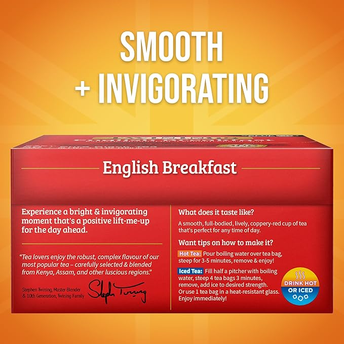 Twinings English Breakfast Black Tea Individually Wrapped Bags, 50 Count (Pack of 6), Flavourful