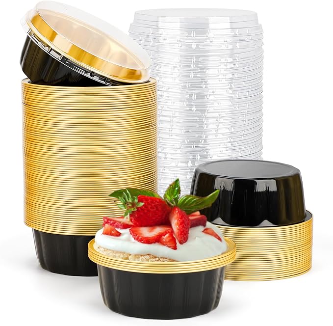 Beasea Disposable Ramekins 8oz, 100 Pack Black Gold Aluminum Foil Cups with Lids, Disposable Creme
