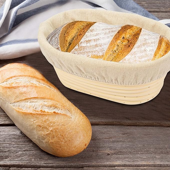 2 PCS 8 inch Oval Long Banneton Brotform Bread Dough Proofing Rising Rattan Basket & Liner for