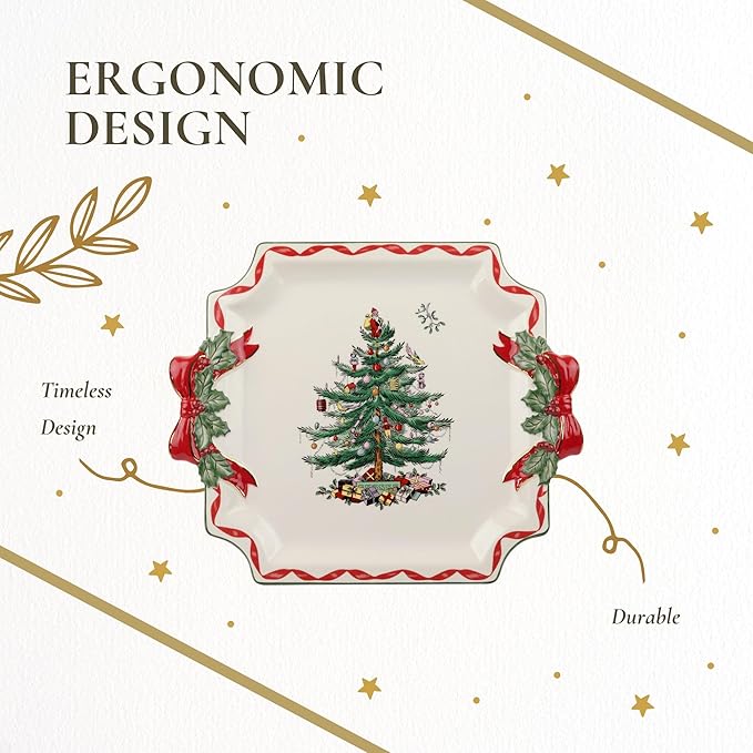 Spode Christmas Tree Ribbons Square Platter with Bow Handles - 11-Inch Holiday Serving Plate for