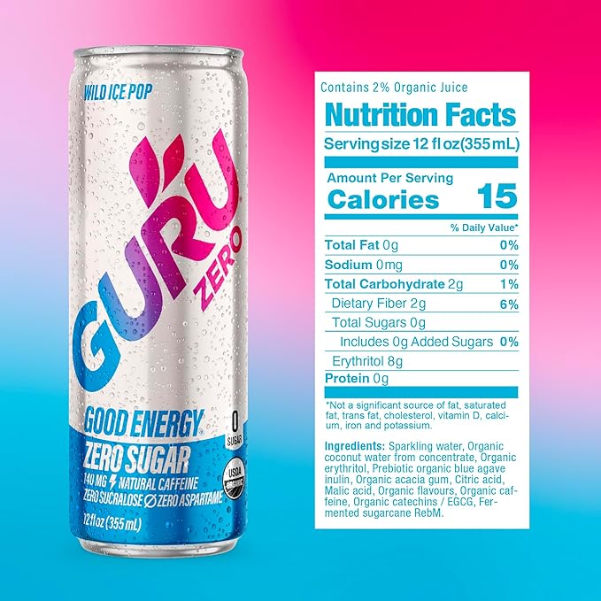GURU ZERO SUGAR Organic Energy Drinks Variety Pack, Clean Energy Drink with Plant Based Natural