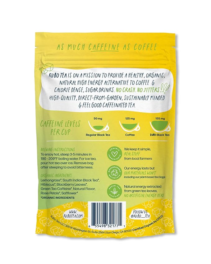 Kubo Tea Organic High Energy Iced Tea - High Caffeine Coffee Substitute with 20 Servings (155mg