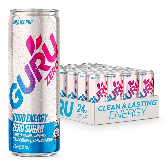 GURU ZERO SUGAR Wild Ice Pop Organic Energy Drinks, Clean Energy Drink with Plant Based Natural