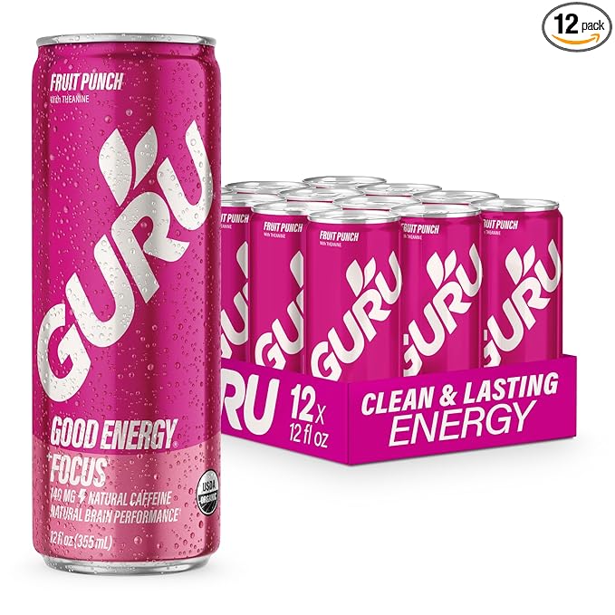GURU Fruit Punch Organic Energy Drinks, Clean Energy Drink with Plant Based Natural Caffeine from