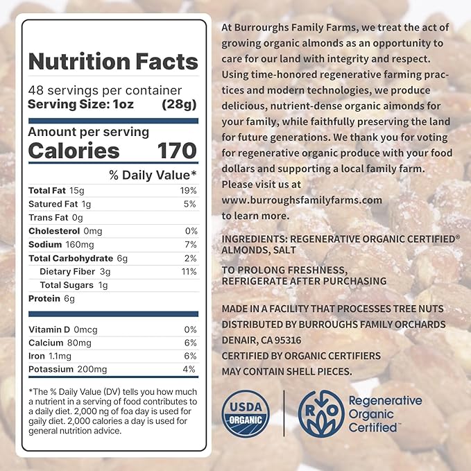 Burroughs Family Farms 3 lb Roasted Salted Almonds – USDA Organic, First Regenerative Organic