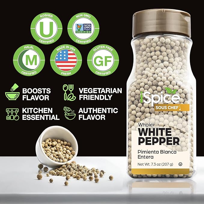 iSpice Whole White Peppers Spices and Seasonings for Cooking, 7.3Ounce White Peppercorns Seasoning
