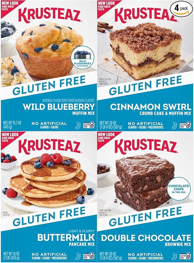 Krusteaz Gluten Free Mix Variety Pack: Blueberry Muffin, Cinnamon Crumb Cake, Double Chocolate