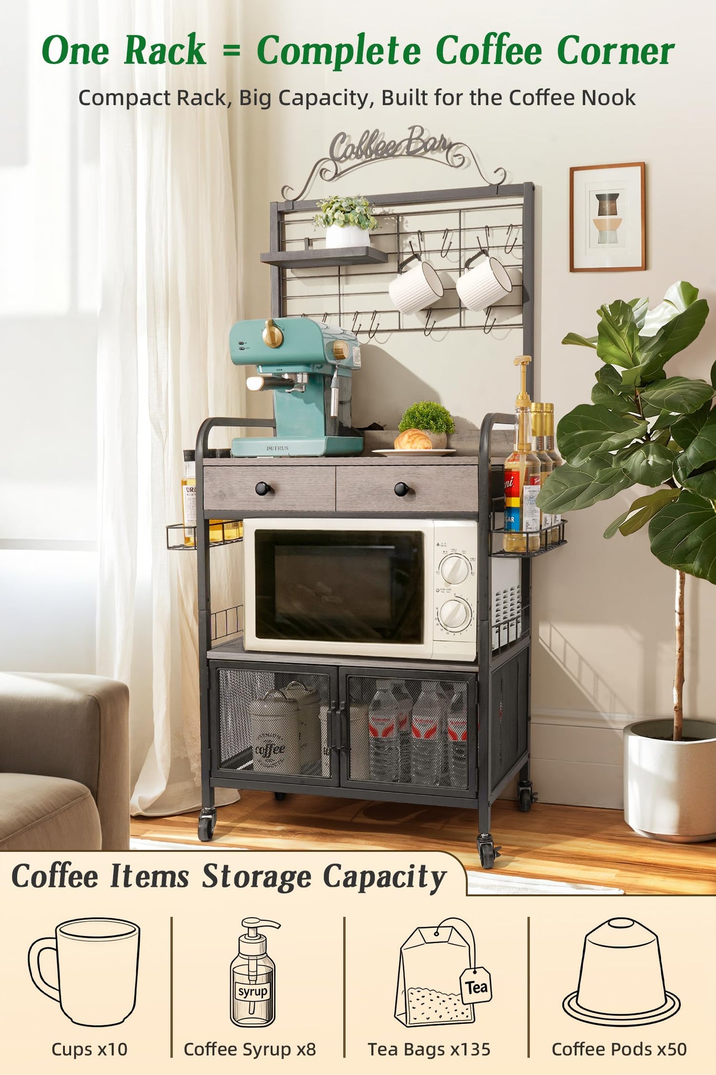 Coffee Bar Cabinet with Storage, Coffee Cart with Wheels, Coffee Station with Coffee Bar Sign and