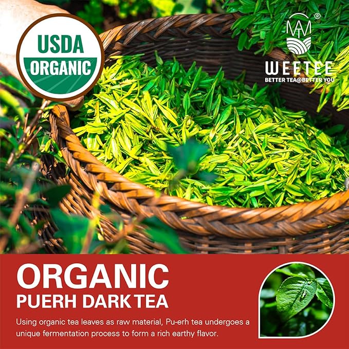 WT WEETEE Organic Puerh Tea Bags, Organic Ripe Pu'erh Tea 100 Count, Smooth, Subtly Sweet, Earthy