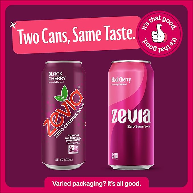 Zevia Zero Sugar Soda, Black Cherry, 16 oz Cans (12-Pack) ??Naturally Sweetened, Non-GMO Project