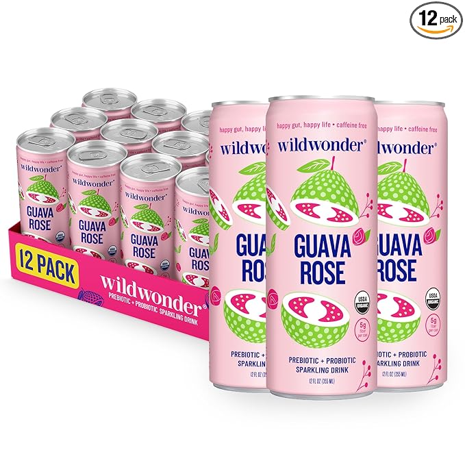 wildwonder Sparkling Probiotic Drink 12pk, For Gut Health & Immune Support, Guava Rose, 5g