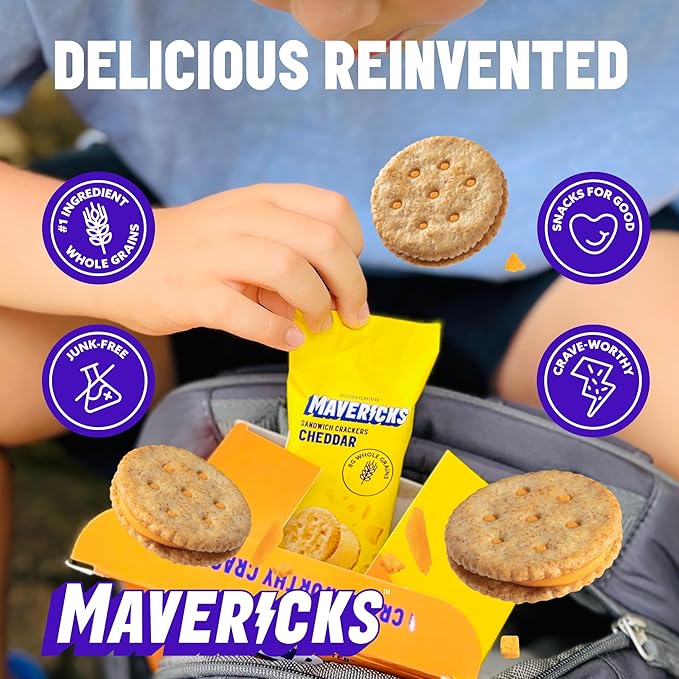 Mavericks Sandwich Crackers Cheddar - Cheese Filled Whole Grain Sandwich Cracker Snack Packs