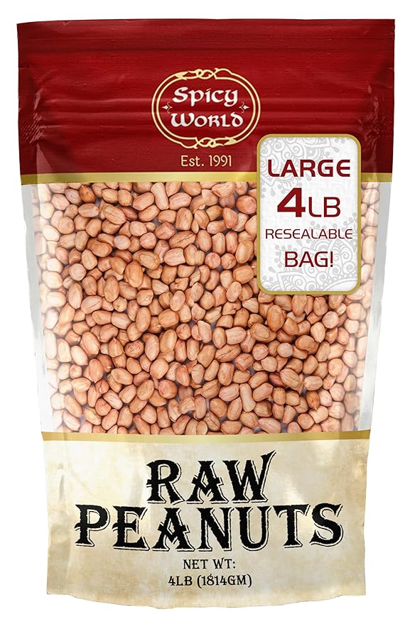 Spicy World Peanuts, Raw Whole With Skin (Uncooked, Unsalted) 4 Pound (64oz) ~ All Natural - USA