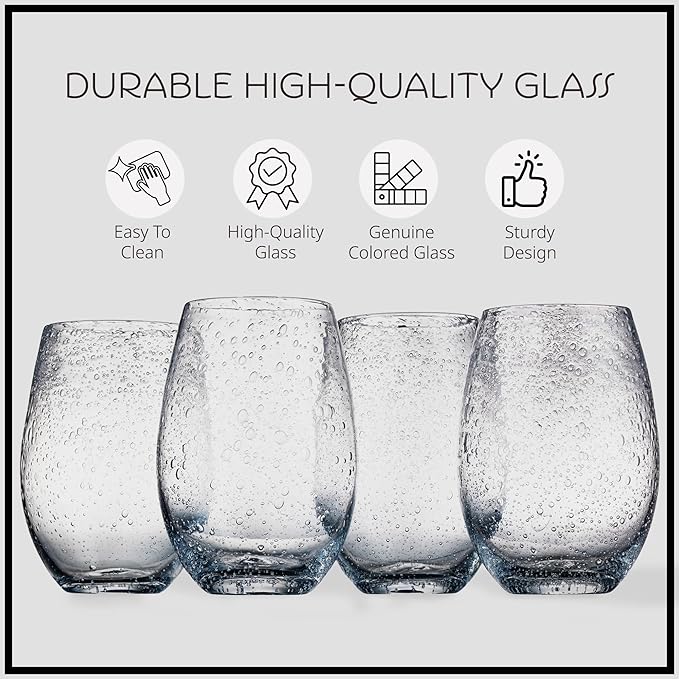 Artland Stemless Wine Glass, Set of 4 | Iris Seeded Design, Clear | Drinking Glass for Parties and