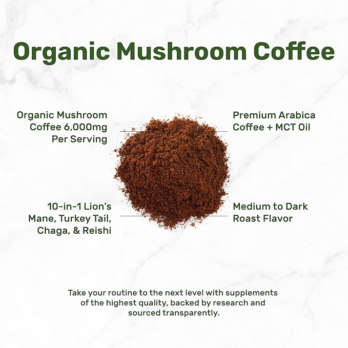 Organic Mushroom Coffee, 10oz – 10 Adaptogenic Mushrooms with Arabica Coffee + MCT Oil for Smooth