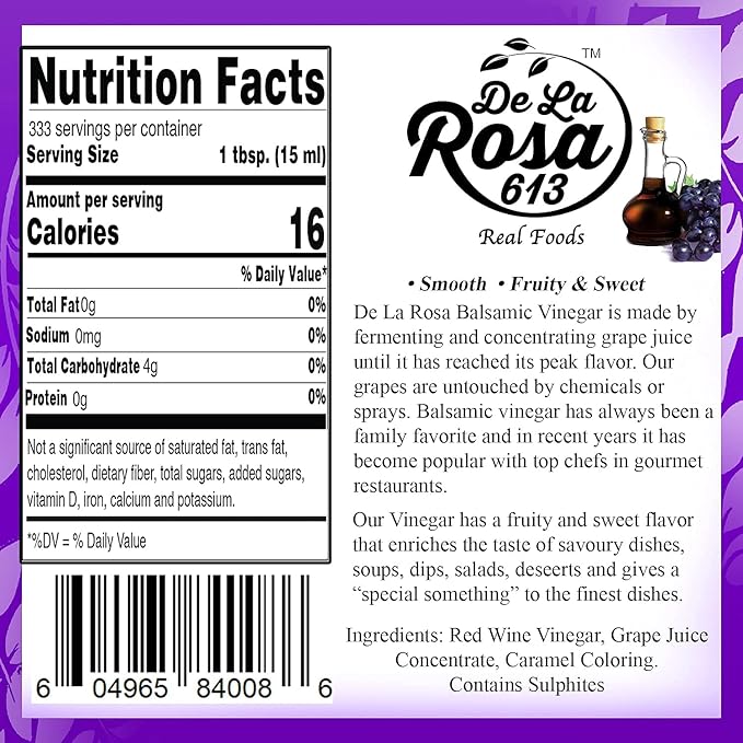 De La Rosa Dark Balsamic Vinegar, Vegan, Kosher & Gluten Free, Great for Salad Dressings, Marinades