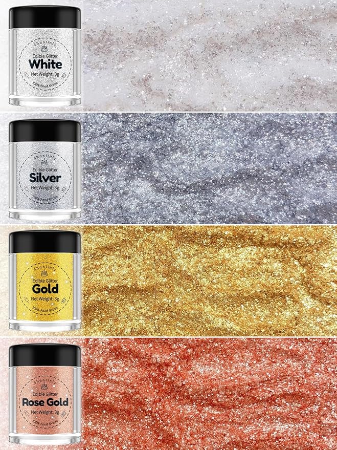 Shanlinly Edible Glitter Set - 4 Colors Food Grade Edible Glitters for Cake Strawberries Drink Dust