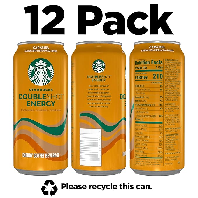 Starbucks Doubleshot Energy Drink Coffee Beverage, Caramel, Iced Coffee, 15 fl oz Cans (Packaging