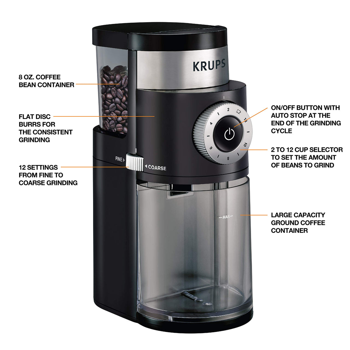 KRUPS Precision Burr Coffee Grinder: 12 Settings, 8 oz Capacity for Drip, French Press, Espresso