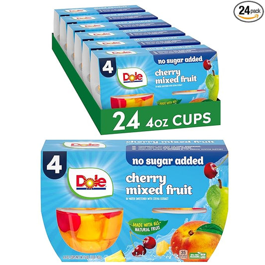 Dole Fruit Bowls No Sugar Added Snacks, Cherry Mixed Fruit 4oz 24 Cups, Gluten & Dairy Free, Bulk