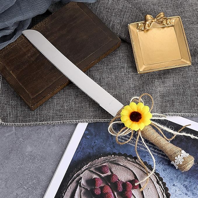 TANG SONG Rustic Wedding Cake Knife and Serving Set with Sunflower Burlap Lace Wedding Cake Knife