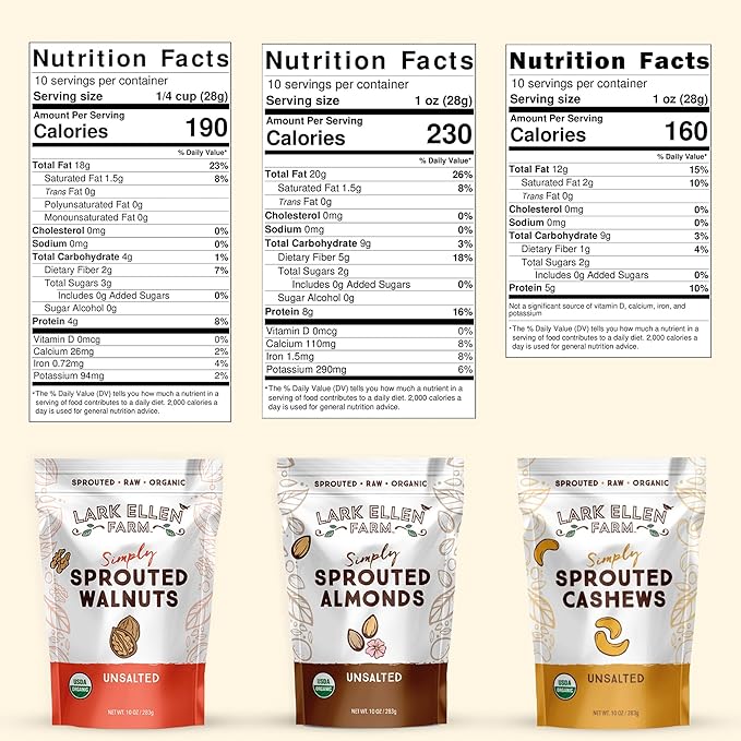 Lark Ellen Farm Sprouted Organic Nuts Variety Pack ??Almonds, Walnuts & Cashews ??Raw, Vegan