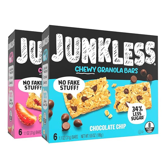 JUNKLESS Chewy Granola Bars Twin Pack ??Chocolate Chip & Strawberry (12 Bars)?밚ess Sugar, Non-GMO