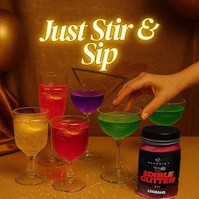 BeePoint Red Edible Glitter for Drinks 15g - Food Grade, Vibrant Color Shimmer Powdered Dust for