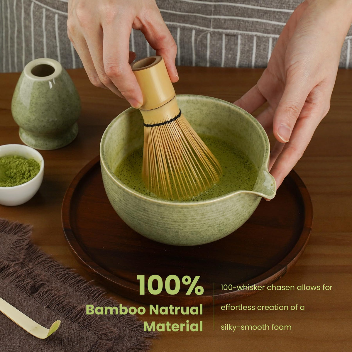 Matcha Whisk Set, Ceramic Bowl Matcha Kit & Handcrafted Bamboo Chasen, Complete 5 Pcs Matcha Set