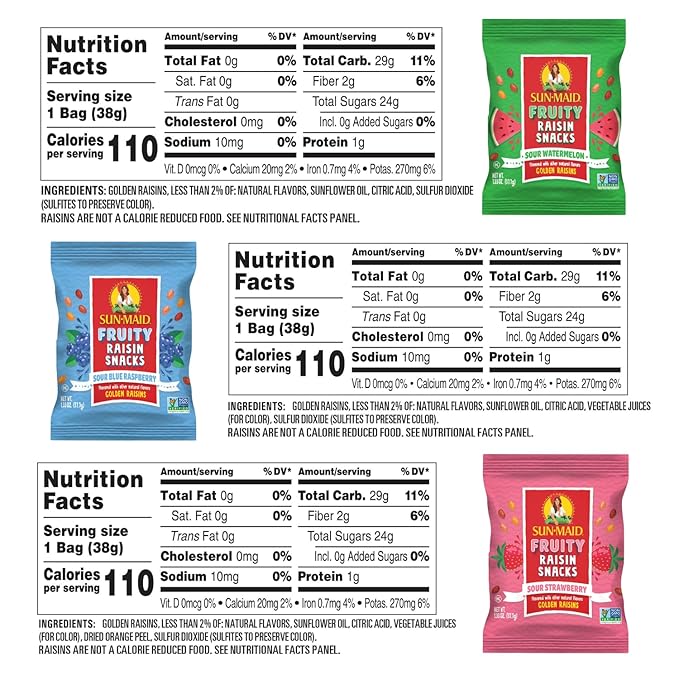 Sun-Maid Fruity Raisin Snack Variety Pack - Sour Strawberry, Watermelon & Blue Raspberry - (24