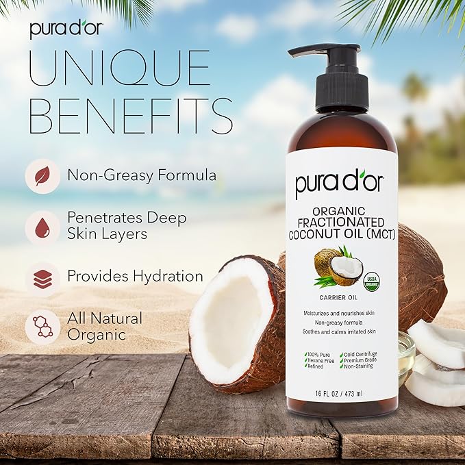 PURA D'OR 16 Oz ORGANIC Fractionated Coconut Oil - MCT Oil - 100% Pure & Natural USDA Certified