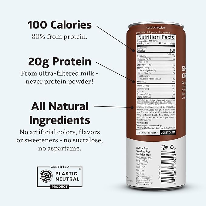 Slate Milk - High Protein Milk Shake - Classic Chocolate - Lactose Free, 20g Protein, 1g Sugar, 100