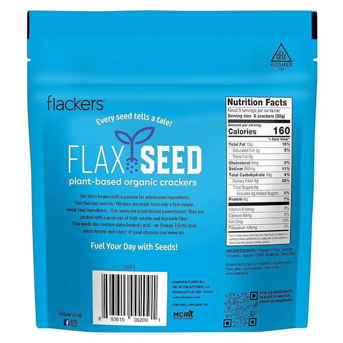 Flackers Organic Sea Salt Flaxseed Crackers, 5 Ounce 6-Pack, Gluten Free, Non GMO, Vegan, Keto