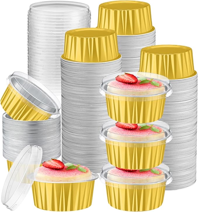 Gejoy 400 Pcs Aluminum Foil Baking Cups with Lids 5 oz Disposable Ramekins Mini Cake Pans Creme