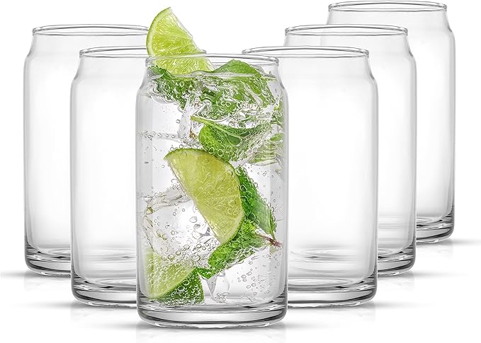 JoyJolt Drinking Glass Cups Set of 6-16oz Beer Can Glasses. Clear Soda Can Shaped Glass Cups, Cute
